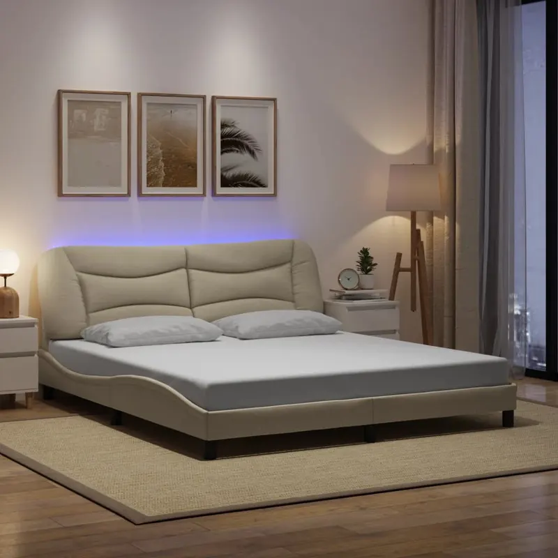 cadru de pat cu lumina led, crem, 180x200 cm, textil