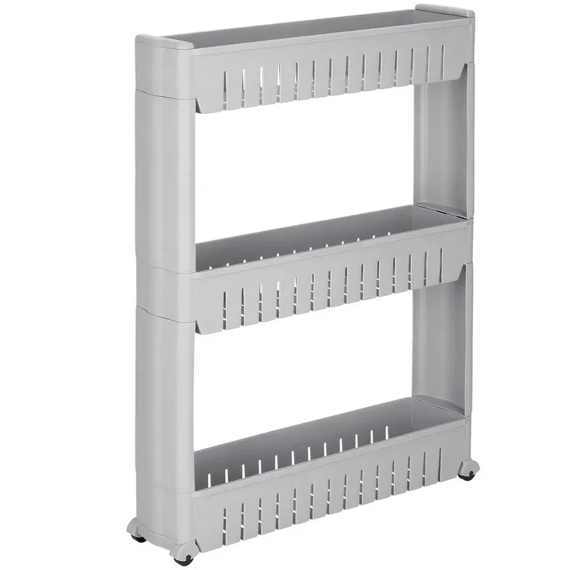Sistem rafturi depozitare roti bucatarie baie 3 polite, 54x13x70 cm, pliabil, gri