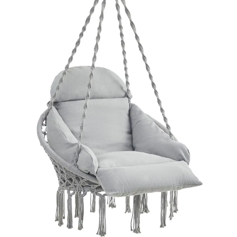 Scaun rotund tip leagan suspendat cu perna, stil boho ciucuri, franghie impletita, max 120 kg, L60 cm, gri