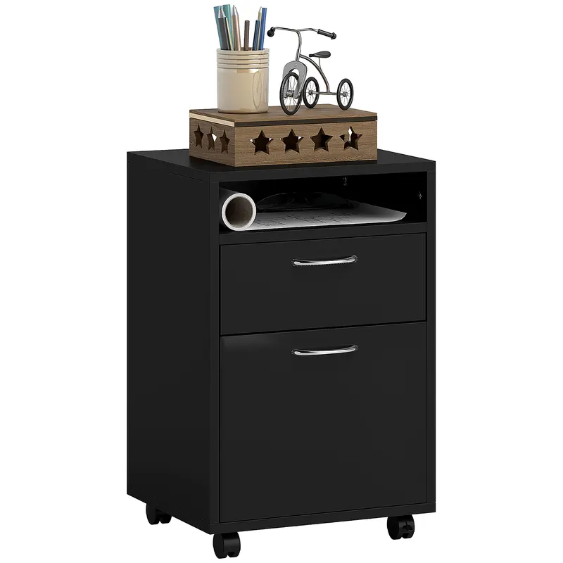 HOMCOM Dulap Mobil cu 4 Roți (2 cu Frână), Raft și 2 Sertare pentru Documente, PAL și Metal, 40x35x60 cm, Negru