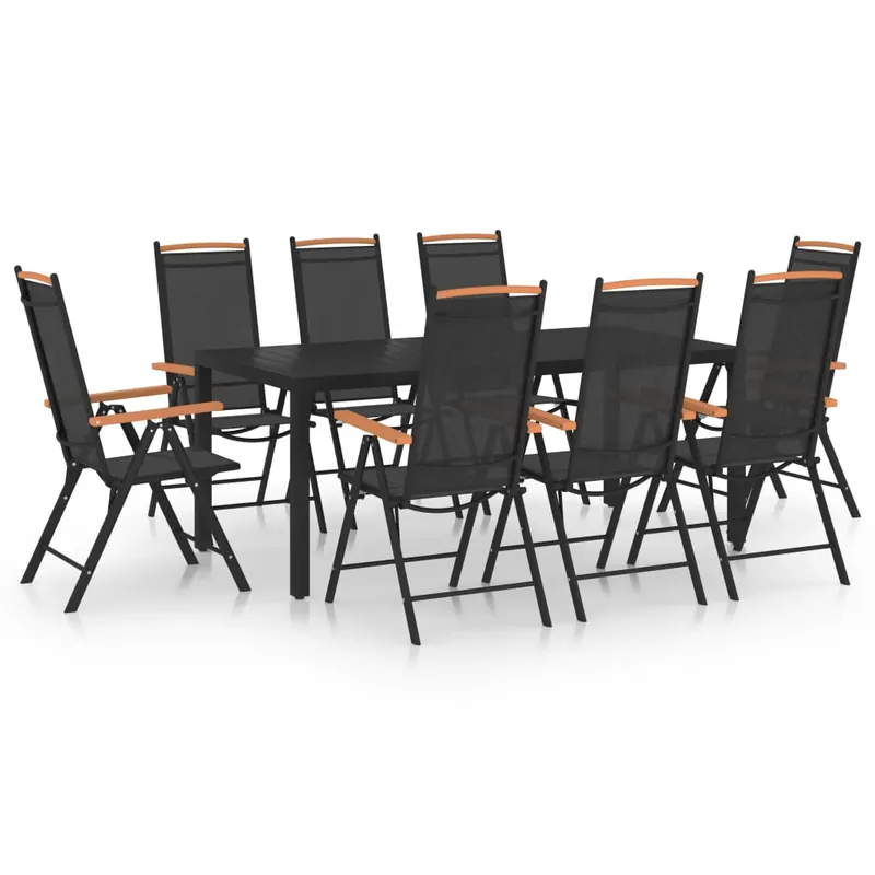 set mobilier de gradina, 9 piese, negru, aluminiu