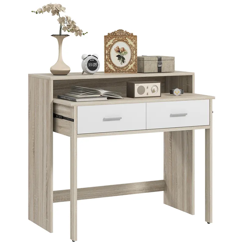 HOMCOM Consolă cu Masă Glisantă și 2 Sertare, Masă de Hol cu Depozitare pentru Camera de Zi, Intrare, Dormitor, 95x35x87 cm, Lemn Natural