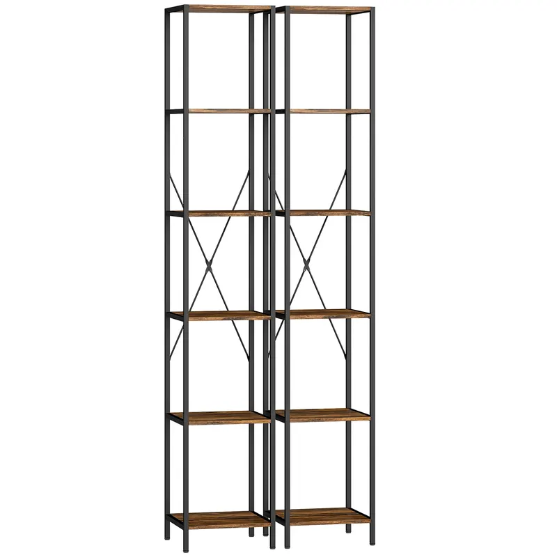HOMCOM Set de 2 rafturi cu 6 polițe, cadru din oțel, pentru living, birou, dormitor, Maro-Rustic