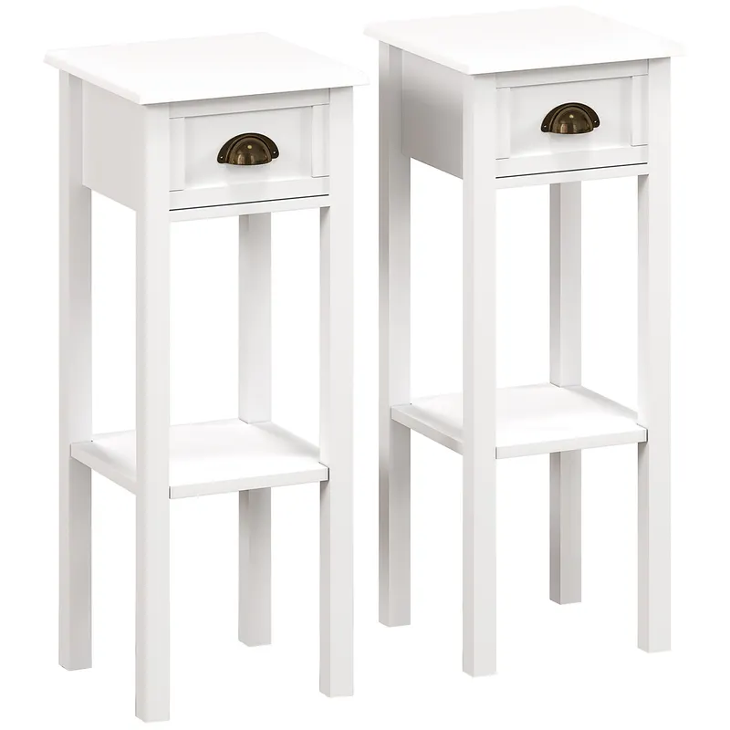 HOMCOM Set de 2 măsuțe laterale Masă de noptieră stil sofisticat cu sertar, etajeră inferioară, 30 x 30 x 75 cm, alb