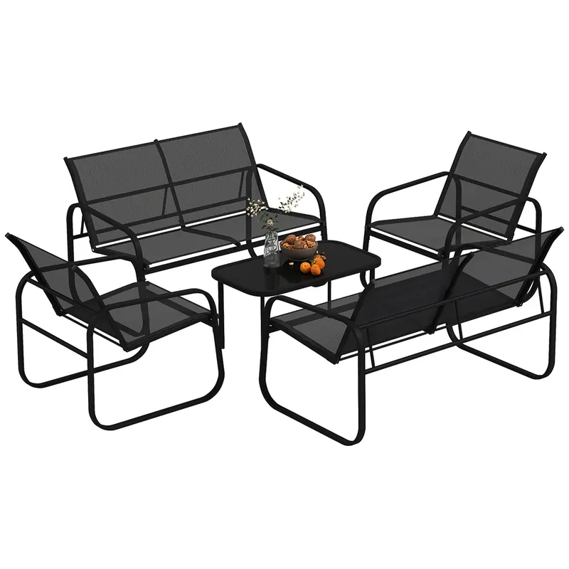 Outsunny Set de Mobilier de Grădină din 5 Piese, cu 2 Canapele, 2 Fotolii și o Măsuță de Cafea, 111x70x75 cm, Negru