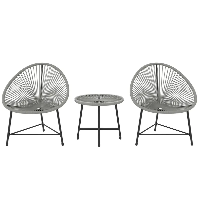 Outsunny Set mobilier de grădină 3 piese, 2 scaune din ratan plastic, 1 masă cu blat din sticlă, cadru din oțel, mobilier de exterior, Gri