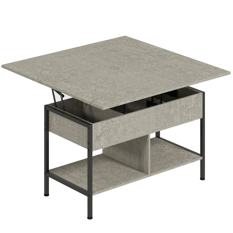 HOMCOM Masă de cafea rabatabilă și extensibilă, masă de living cu compartiment ascuns și rafturi deschise, 98x49x55cm, gri