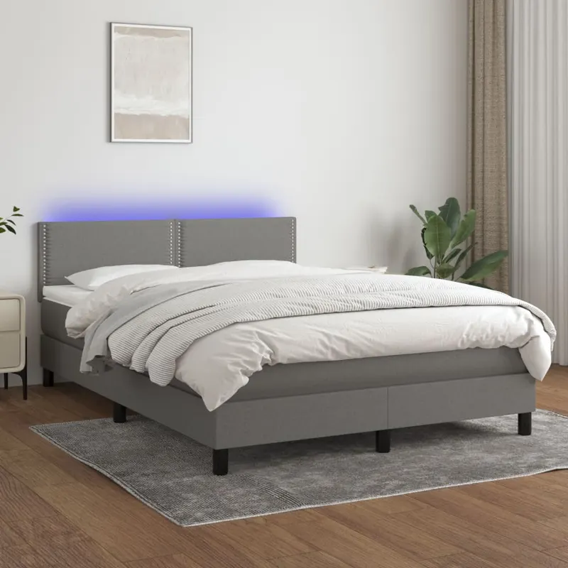 pat cu arcuri, saltea si led, gri inchis, 140x190 cm, textil