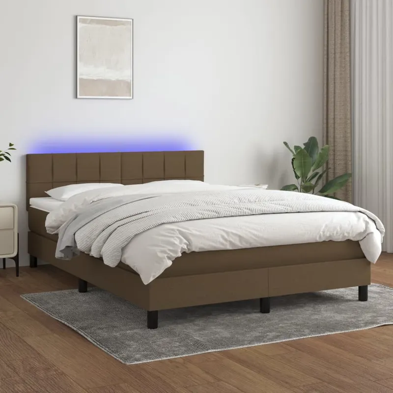 pat cu arcuri, saltea si led, maro inchis, 140x200 cm, textil