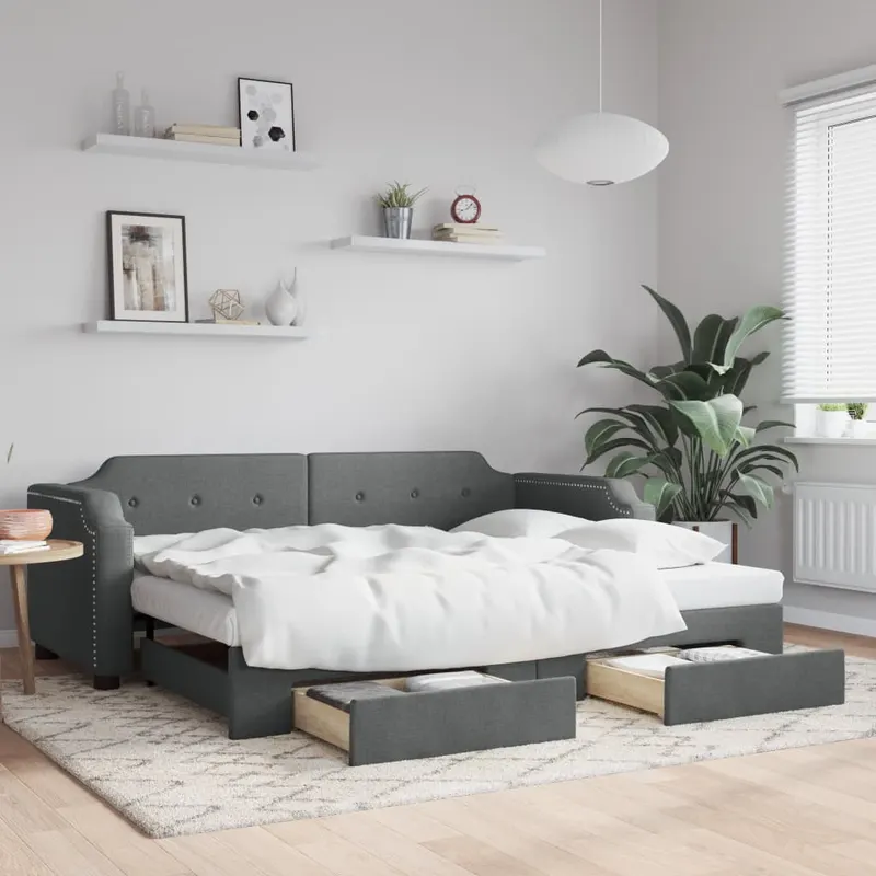 pat de zi cu extensie si sertare, gri inchis, 90x200 cm textil