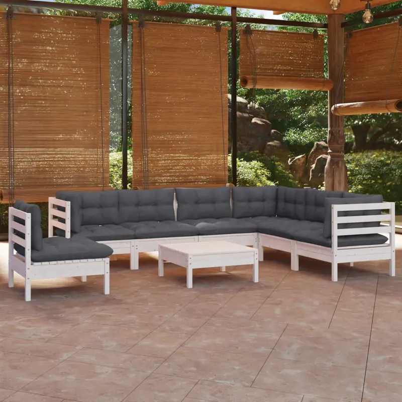 set mobilier de gradina cu perne, 8 piese, alb, lemn masiv pin