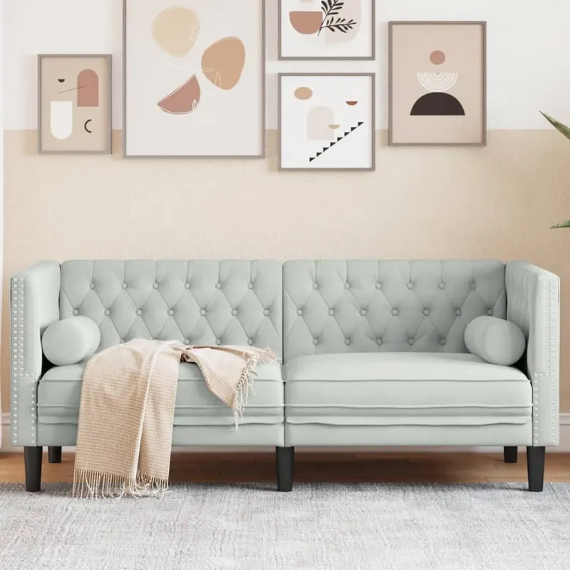 canapea chesterfield cu pernute/2 locuri, gri deschis, catifea