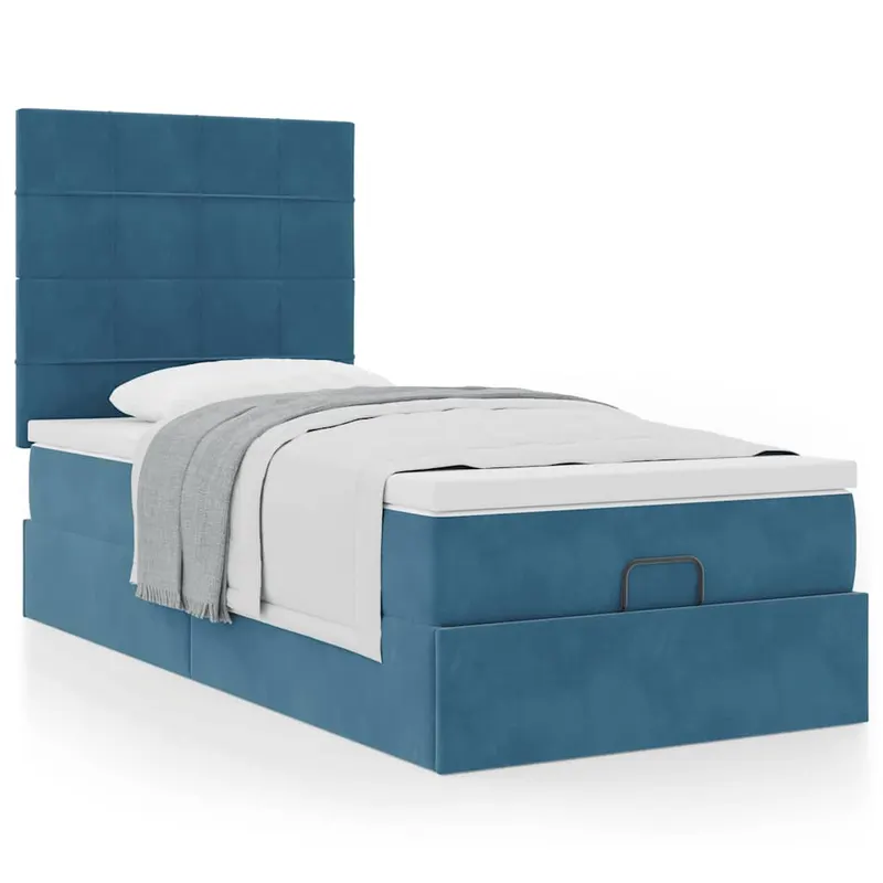 cadru de pat otoman cu saltele albastru inchis 90x200cm catifea
