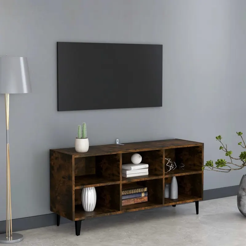comoda tv, picioare din metal, stejar fumuriu, 103,5x30x50 cm