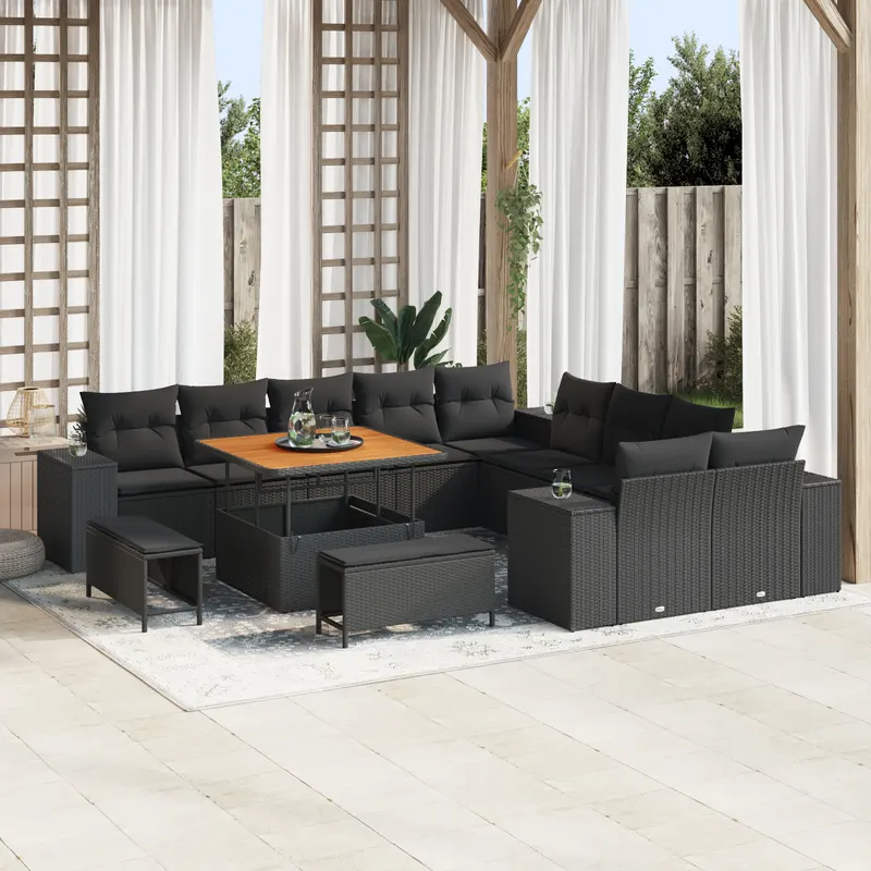 Set de canapea de gradina cu 13 piese si perne negre din ratan poliester, set de dining pentru gradina cu 3 piese si perne negre din ratan poliester