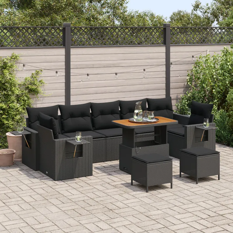 set canapea gradina 10 piese cu perne poliratan negru acacia, set dining gradina 3 piese cu perne poliratan negru acacia