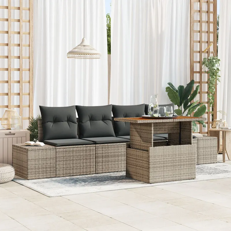 set de canapea de gradina cu 5 piese cu perne gri din poliester