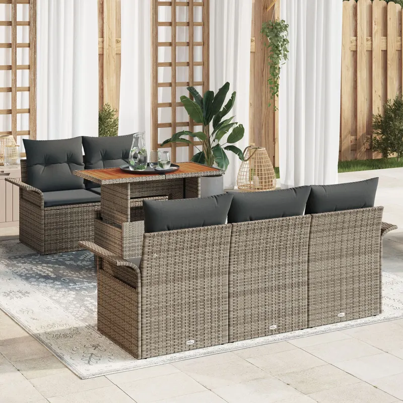 Set canapea gradina 6 piese cu perne gri rattan polietilena, canapea gradina cu 2 locuri & spatiu de depozitare & perne gri rattan polietilena