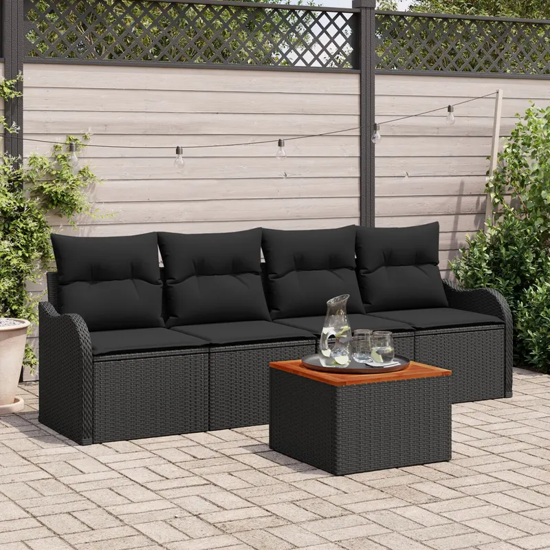 Set de canapea pentru gradina 5 piese cu perne negru poliratan acacia, canapea de gradina pentru 2 persoane cu depozitare si perne negru poliratan