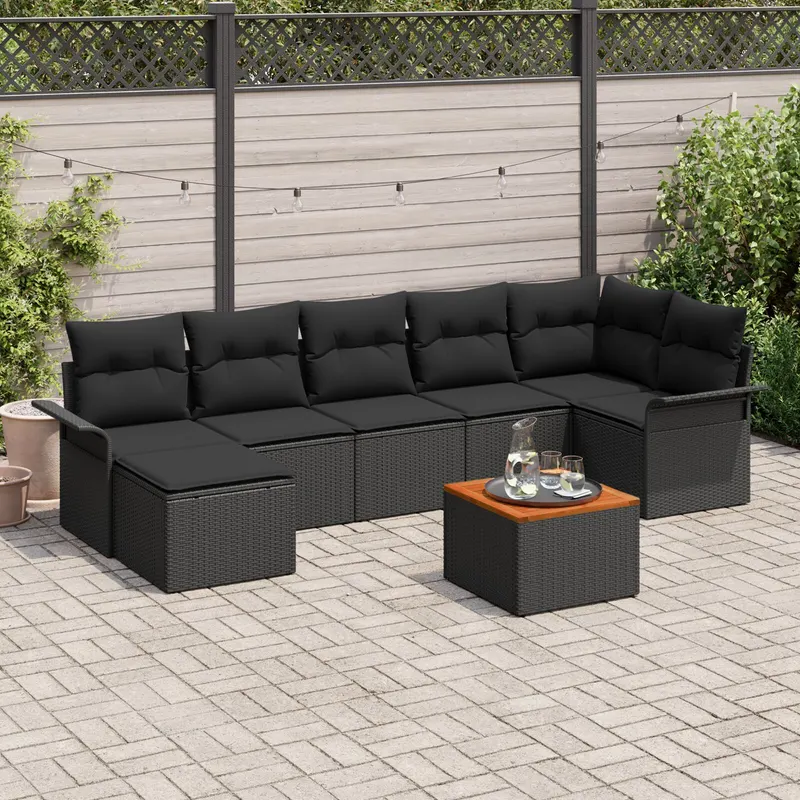 set canapea gradina 8 piese perne negru poliratan acacia