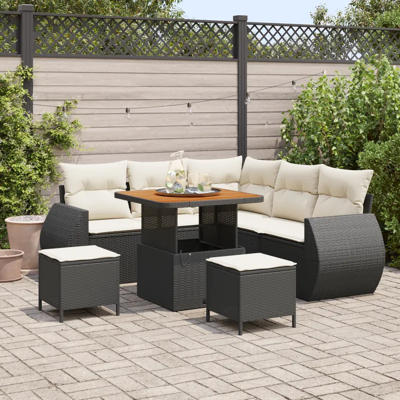 Set de canapele pentru gradina 8 piese cu perne negru rattan poliester, set de dining pentru gradina 3 piese cu perne negru rattan poliester