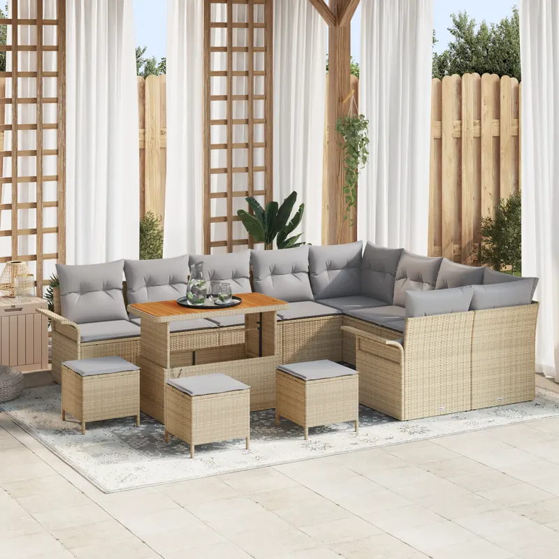 Set canapea gradina cu 13 piese si perne bej din poliratan acacia, set dining gradina cu 4 piese si perne bej din poliratan acacia, canapea gradina 2 persoane cu perne bej din poliratan