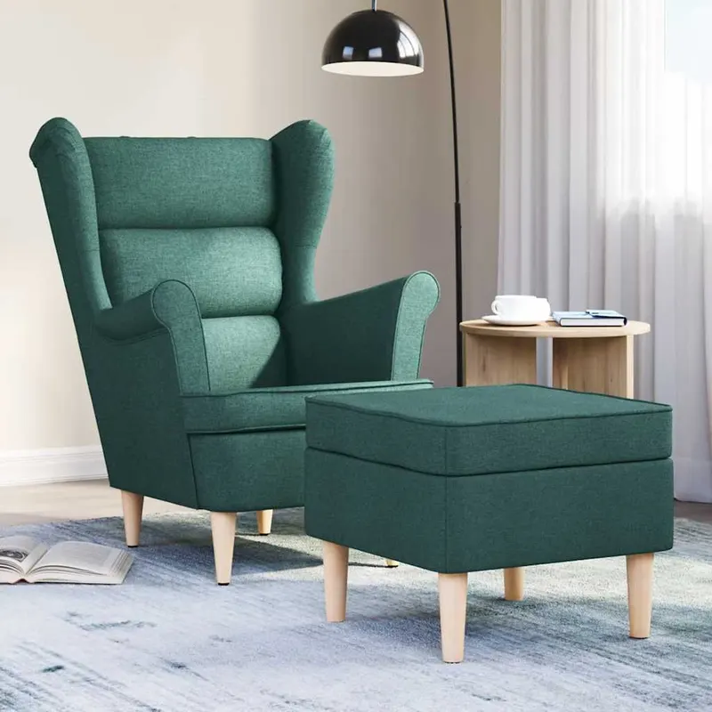 fotoliu cu taburet pentru picioare, verde inchis, textil