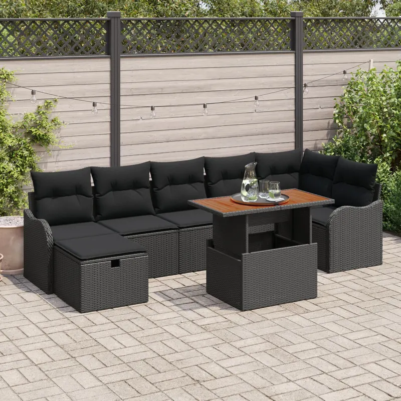 Set canapea gradina 8 piese cu perne negru poliratan, canapea pentru gradina 2 locuri cu perne negru poliratan