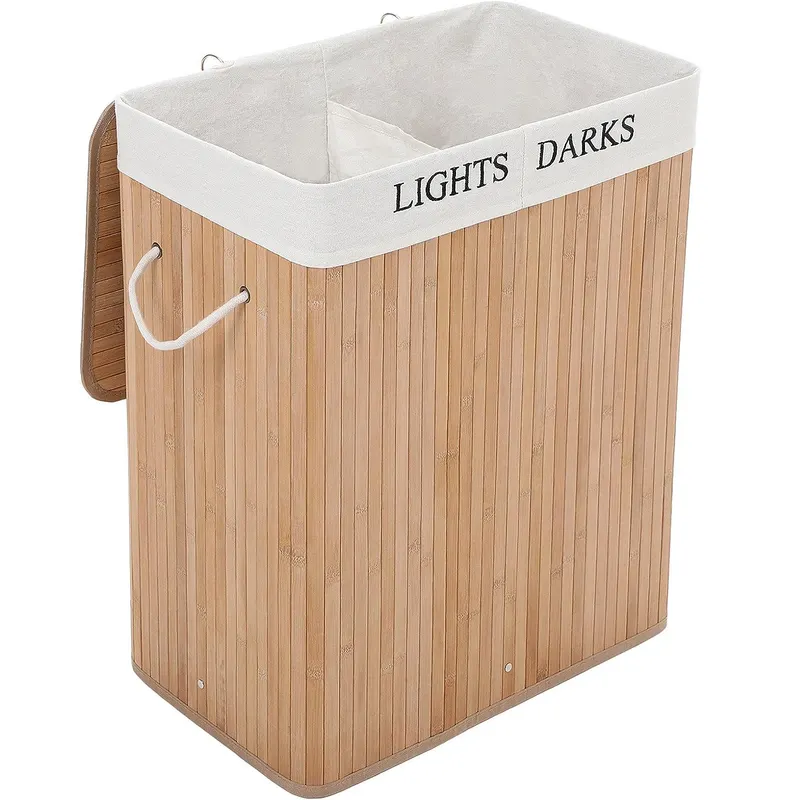 Cos rufe bambus capac 2 compartimente sac detasabil 100l, 52x32x62 cm, design natural, maro