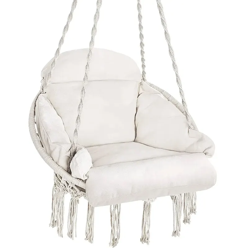 Scaun rotund tip leagan suspendat cu perna, stil boho ciucuri, franghie impletita, max 120 kg, L60 cm, bej