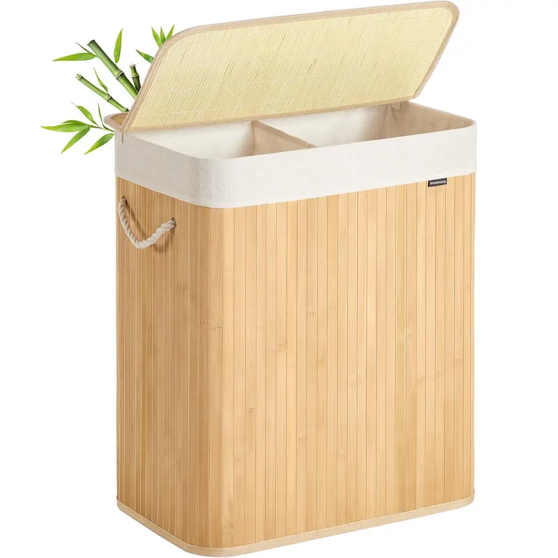Cos rufe din bambus cu 2 compartimente, sac detasabil, 100 litri, 52x32x61 cm, maro natur