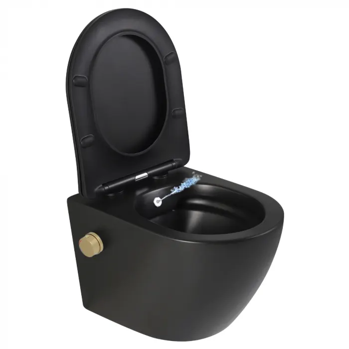 Vas wc suspendat cu functie bideu, negru mat, apa calda rece, rimless, baterie inclusa auriu mat Oslo