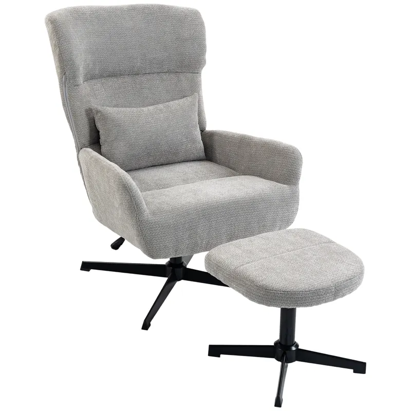 HOMCOM Fotoliu lounge rotativ 360° cu taburet, reglabil pe înălțime, tapițerie chenille, cu pernă lombară, crem-alb