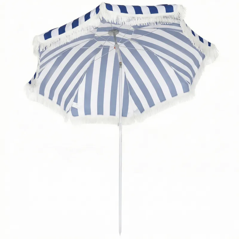 Outsunny Umbrelă de Plajă cu Franjuri Ø180 cm Umbrelă pentru Terasă Exterioară cu Înălțime Reglabilă Înclinare 30° Albastru și Alb