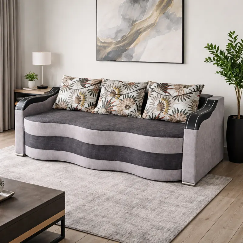 Canapea DIANA extensibila, 3 locuri, cu lada de depozitare, catifea gri inchis cu gri deschis , 220x100x80 Gri Inchis + Gri Deschis, Catifea