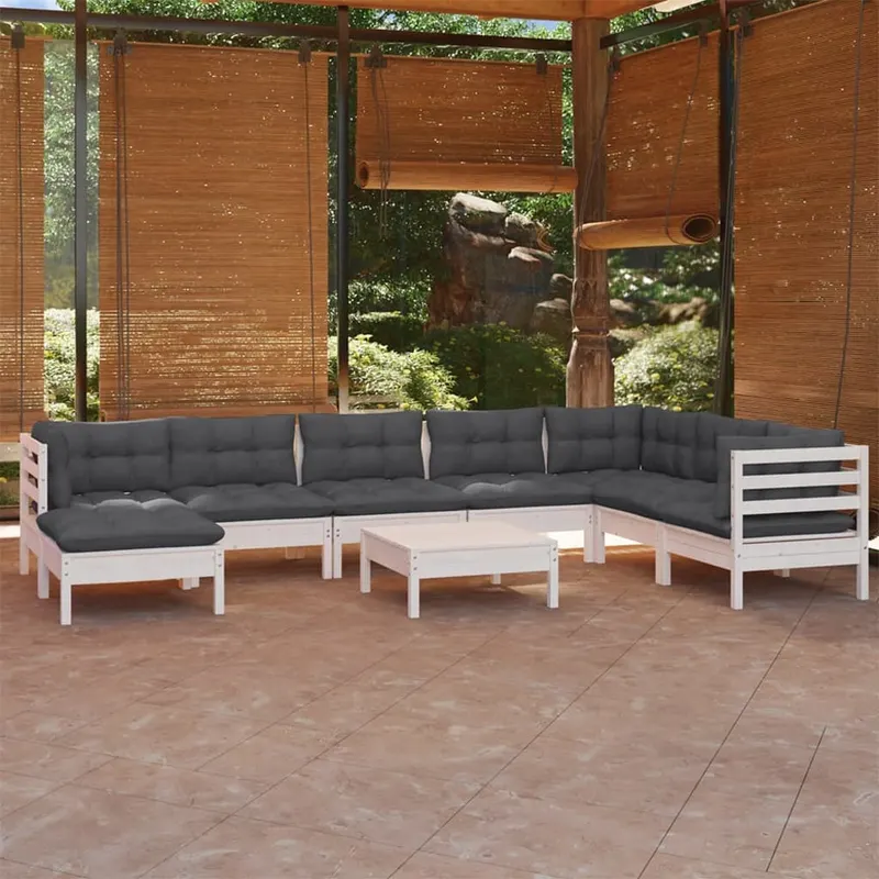 set mobilier de gradina cu perne, 9 piese, alb, lemn masiv pin