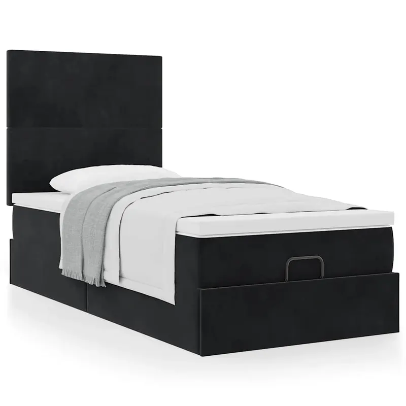 cadru de pat otoman cu saltele, catifea neagra 90x200cm