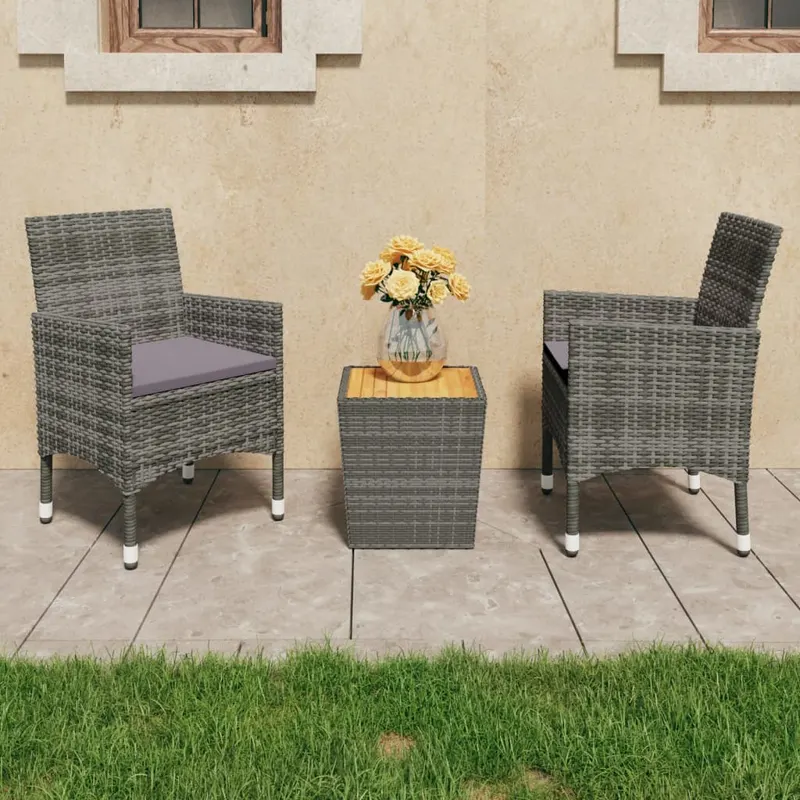 set mobilier gradina, 3 piese, gri, poliratan si lemn acacia