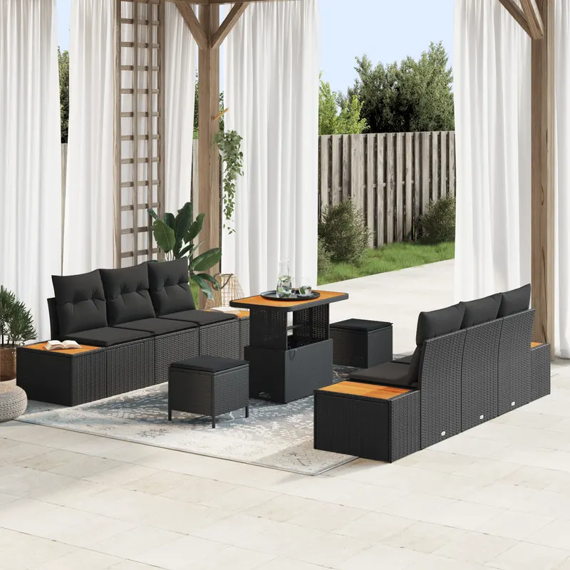 Set de canapea de gradina cu 9 piese cu perne negru ratan poli acacia, set de dining de gradina cu 3 piese cu perne negru ratan poli acacia