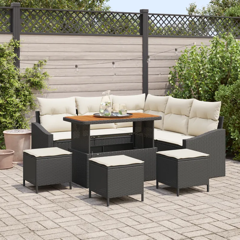 Set de canapele pentru gradina 9 piese cu perne negru ratan poly acacia, canapea de gradina pentru 2 persoane cu spatiu de depozitare & perne negru ratan poly, set de masa pentru gradina 4 piese cu perne negru ratan poly acacia