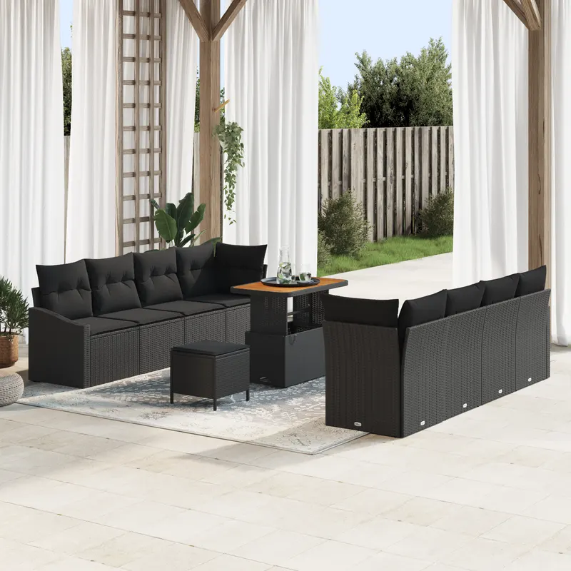 Set de canapea pentru gradina cu 11 piese cu perne negru poliratan acacia, canapea gradina cu 2 piese cu perne negru poliratan, set mese gradina cu 3 piese cu perne negru poliratan acacia
