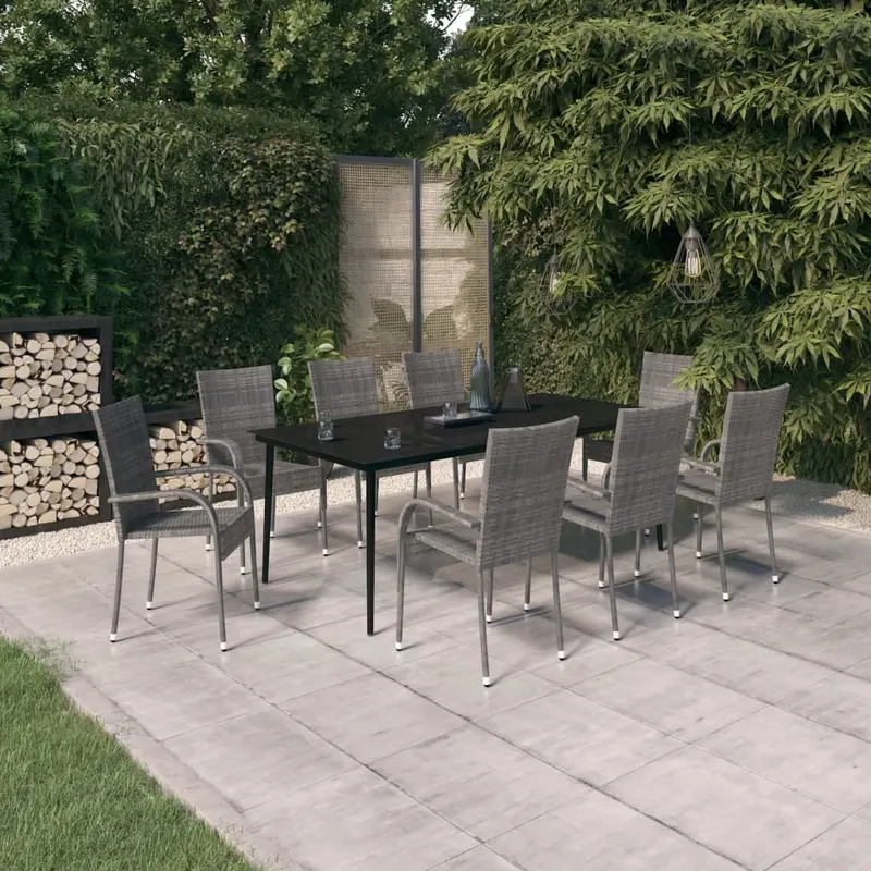 set mobilier de gradina, 9 piese, gri si negru