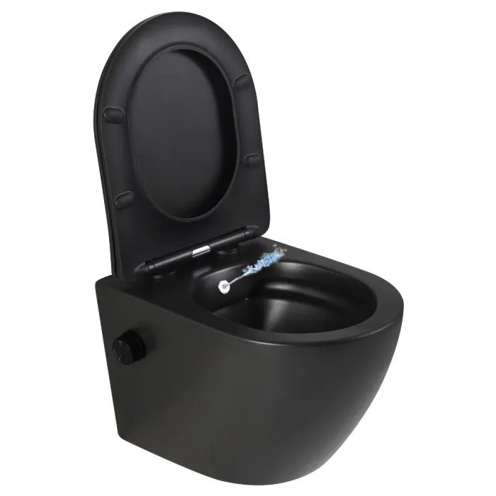 Vas wc suspendat cu functie bideu, negru mat, apa calda rece, spalare rimless, baterie inclusa Oslo