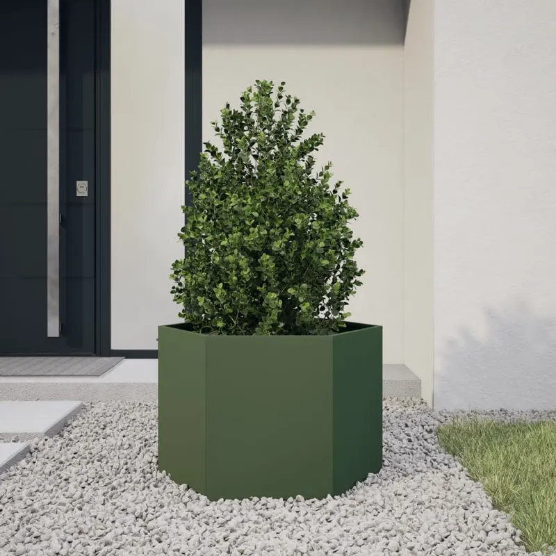 jardiniera gradina verde masliniu 69x60x45 cm otel hexagonal