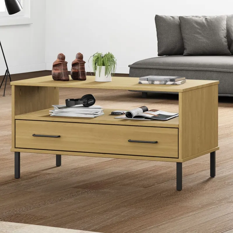masuta cafea picioare metalice maro 85x50x45cm lemn masiv oslo