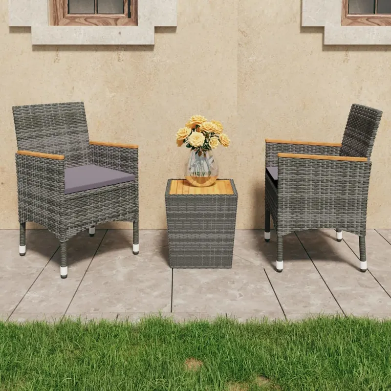 set mobilier gradina, 3 piese, gri, poliratan si lemn acacia