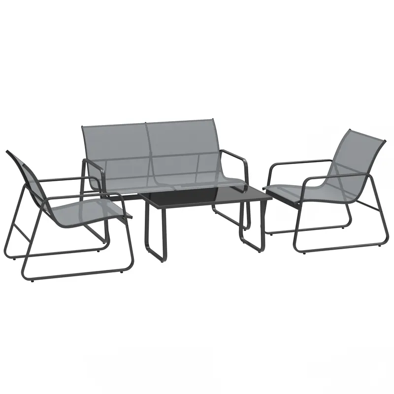 Outsunny Set Mobilier de Grădină din 4 Piese, cu Bancă de Exterior cu 2 Locuri, 2 Scaune și Măsuță de Cafea cu Blat din Sticlă Securizată, Set Mobilier de Exterior din Metal și Textilenă, Gri Deschis