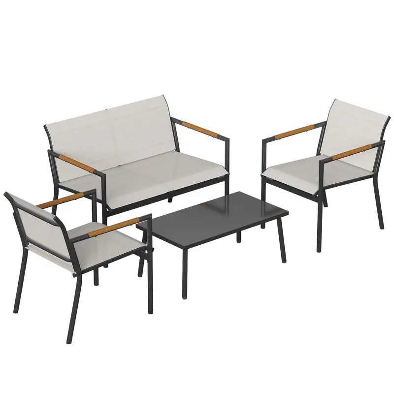 Outsunny Set mobilier de grădină pentru 4 persoane, lounge respirabil cu canapea 2 locuri, 2 fotolii, masă metalică, piciorușe de protecție
