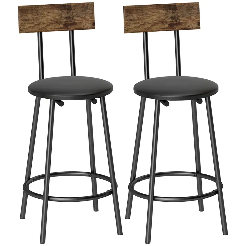 HOMCOM Set de 2 taburete de bar cu spătar și suport pentru picioare, tapițate în PU 41x47x92 cm Negru