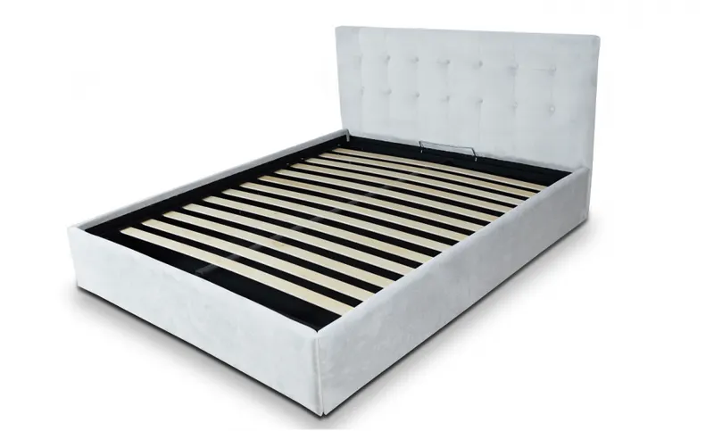 Pat tapitat cu material textil, 140 x 200, somiera rabatabila si lada depozitare, Culoare Alb, Kurt
